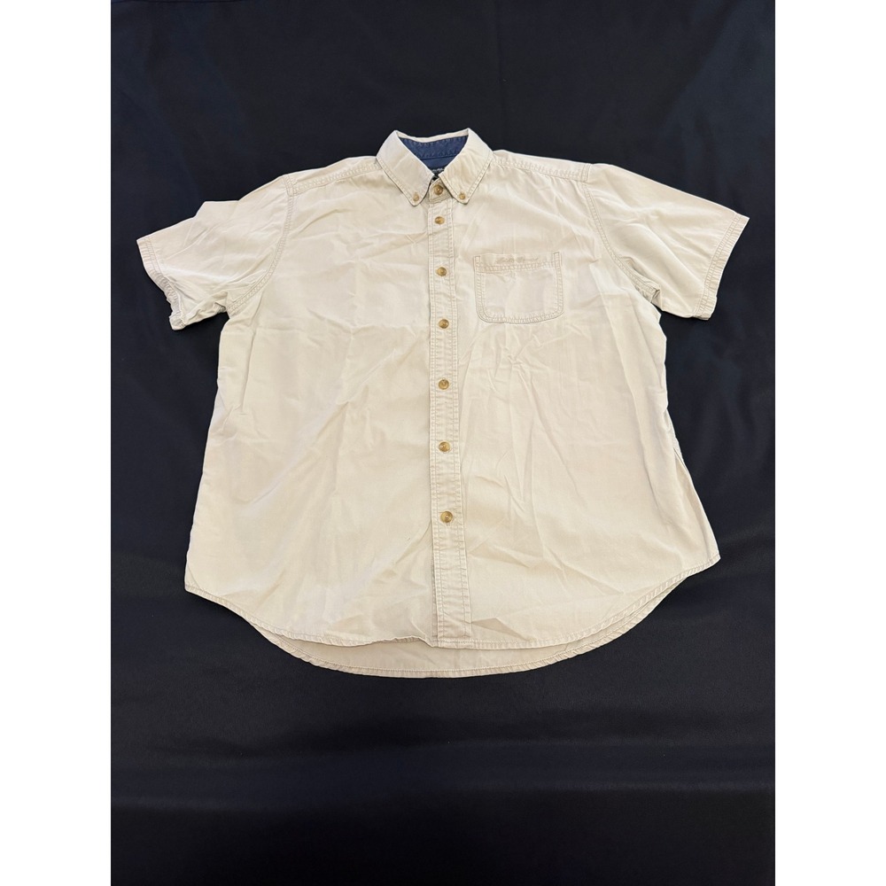 Eddie Bauer Mens Large Tan Khaki Short Sleeve Button Down Cotton Shirt 5724